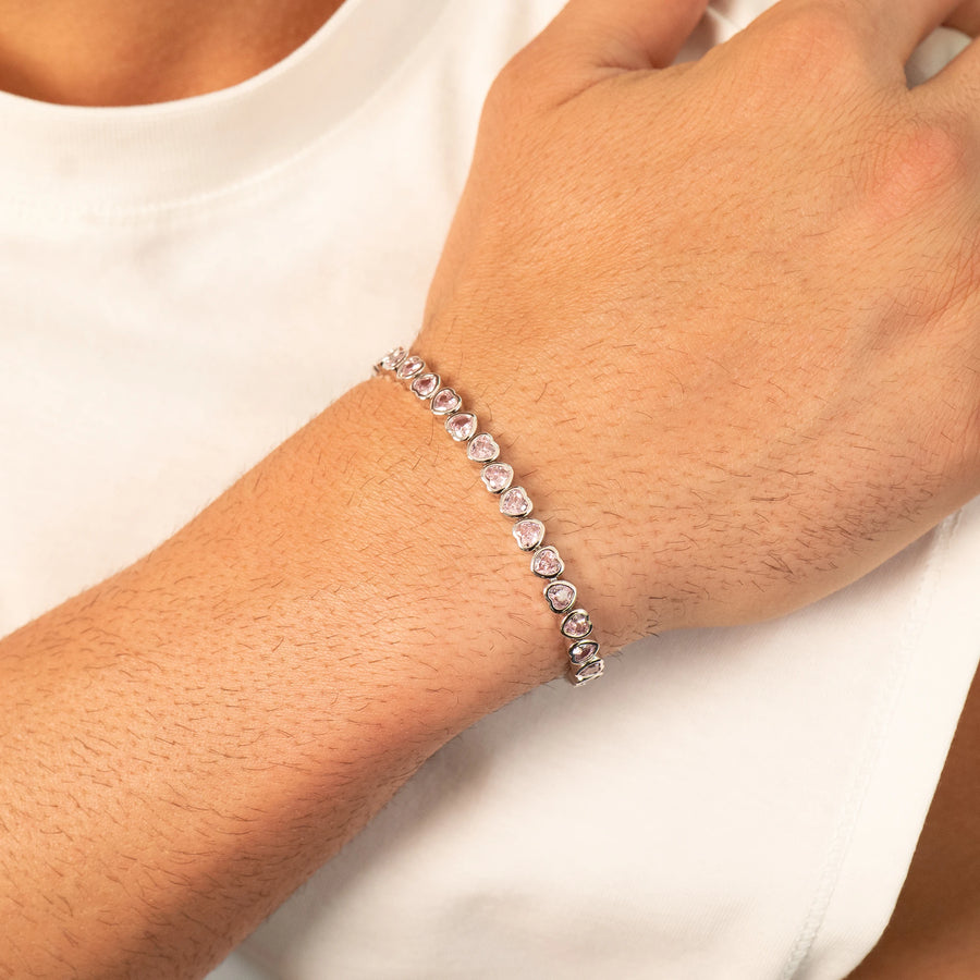 Pink Hearts Iced Bracelet (Silver)