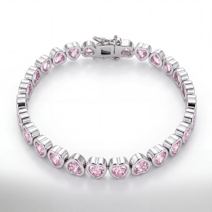 Pink Hearts Iced Bracelet (Silver)