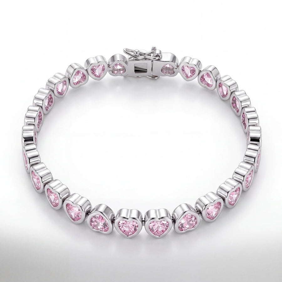 Pink Hearts Iced Bracelet (Silver)