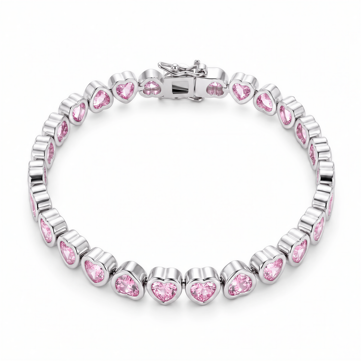 Pink Hearts Iced Bracelet (Silver)