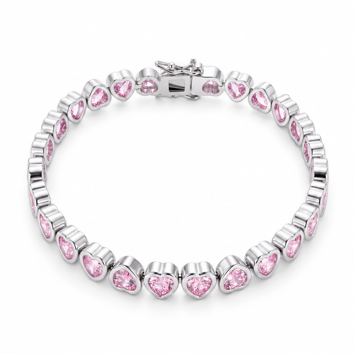 Pink Hearts Iced Bracelet (Silver)