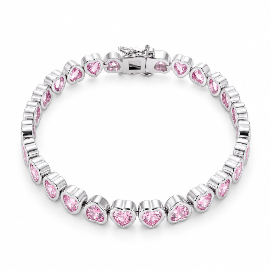 Pink Hearts Iced Bracelet (Silver)