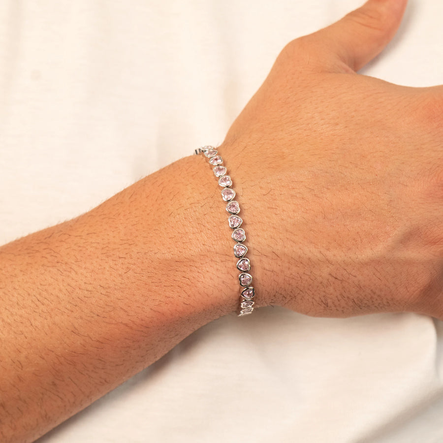 Pink Hearts Iced Bracelet (Silver)